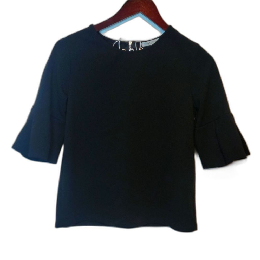 Green Envelope Black Ruffle Bell Sleeve Top Classic Quiet Luxury Size Small